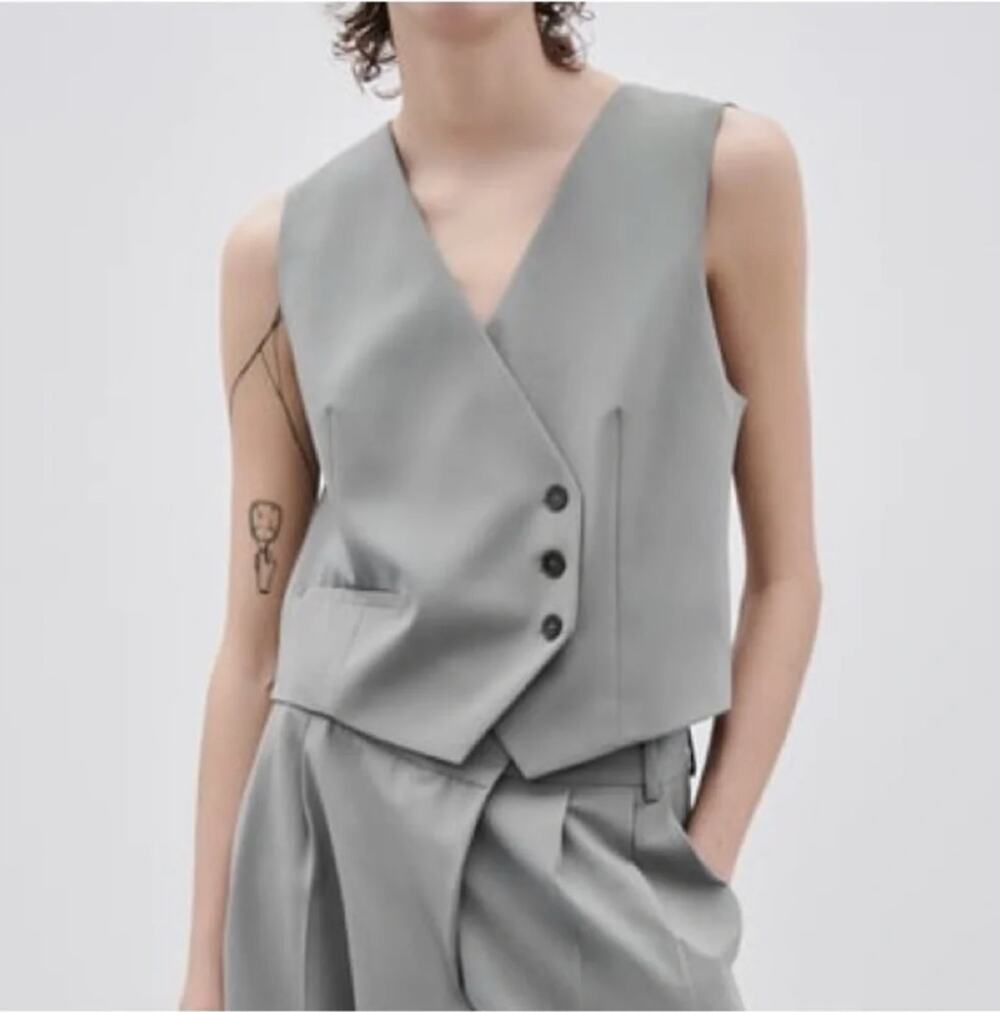 Zara Tailored Double Breasted Waistcoat Vest Taupe Gray Size XL